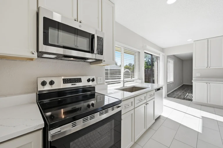 Kitchen range and microwave detail close-up