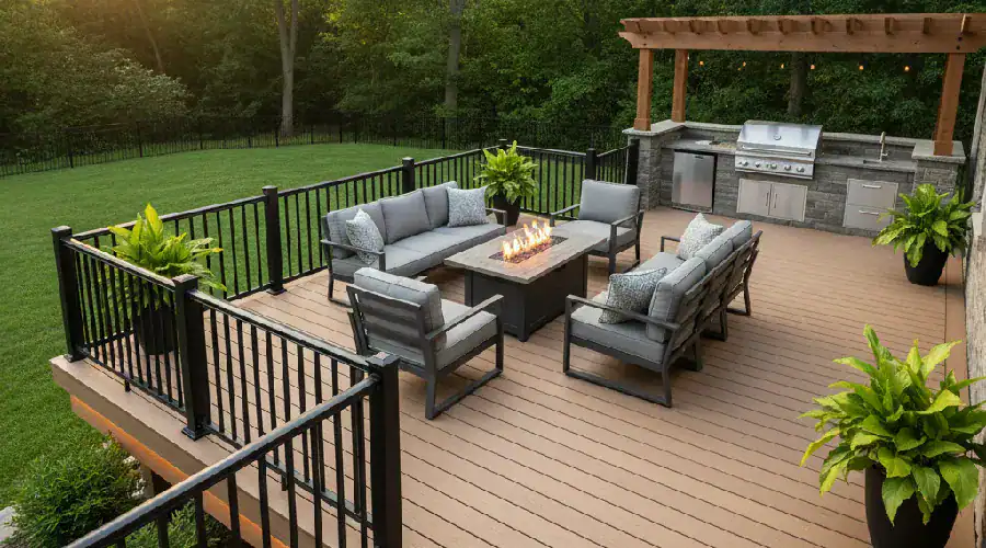 Custom deck design with outdoor living space and fire pit