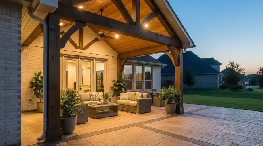 Custom wood patio cover with stamped concrete in North Richland Hills TX